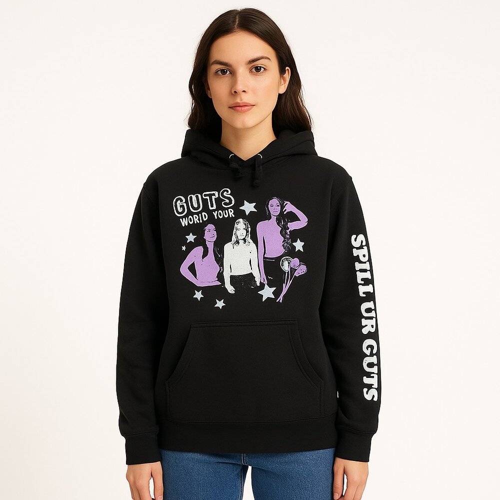 Olivia Rodrigo GUTS Tour Merch Hoodie Black Purple Graphic Spill Ur Guts Small - Picture 2 of 12